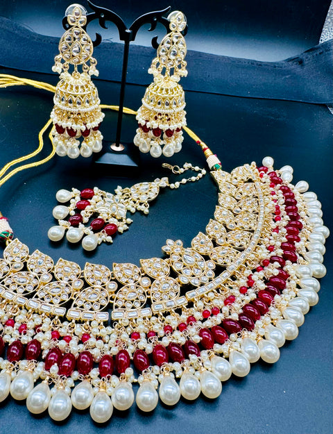 Kundan studded & pearls work designer heavy work Necklace set with beautiful Earrings & Tikka