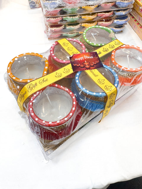 6 piece colourful bigger size Matka diya Natural Clay Traditional (Diwali Ke Diye) price per pack (slight variation in colors and design is possible )with wax inside