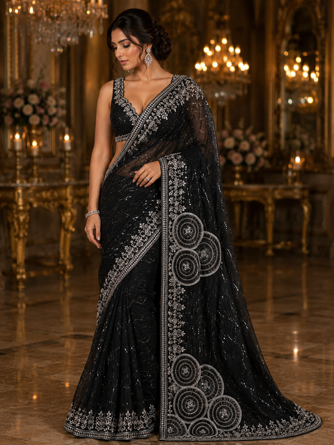 Heavy work designer Saree with netting base fabric and stones work design all over with heavy embroidery .The Blouse Worn By The Model Is For Reference Purposes Only. The Actual Blouse Piece Comes Attached With Saree(Slight Variations Are Possible)