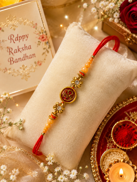 Elegant handcrafted Rakhi with premium beads and sparkling stonework, beautifully crafted to celebrate the special bond of love and protection.