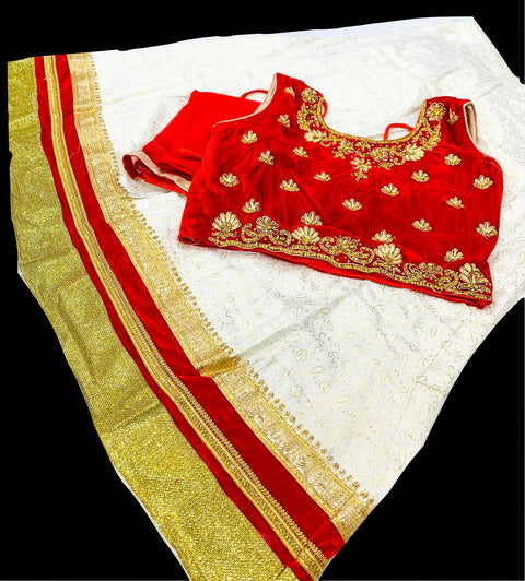 Red Colour Velvet Based Stone Work Blouse With Cream Colour Brocade Silk Based Lehnga