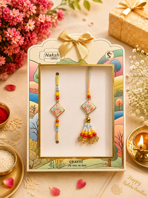 Beautiful Bhai-Bhabhi Rakhi set with colourful beads and elegant detailing — a perfect celebration of the special Raksha Bandhan bond.