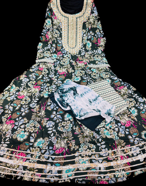 Rayon based embroidery work neck design flared kurti with pants & dupatta