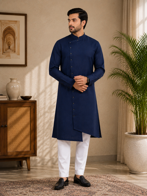 Navy Blue colour cotton linen based side button and cut work bottom style kurta with white pants slight variation in color and design is possible )