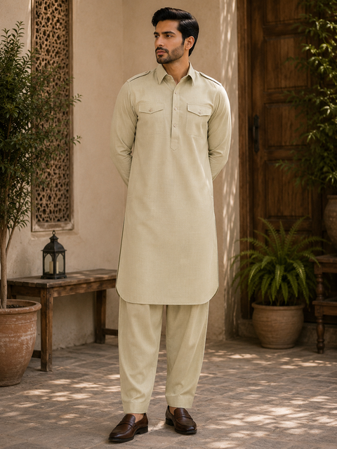 Cotton Linen kurta with pathani salwar(slight variation in color and design is possible )