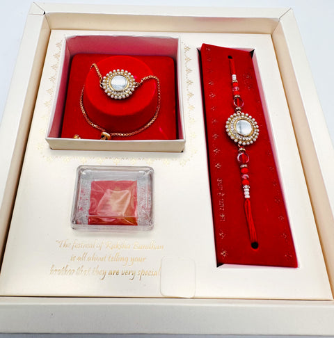 Bhai Bhabhi Pair Beautiful Kundan Stone Studded Rakhi In Beautiful Box Packing With (Rice, Chandan , Mishri, KumKum)