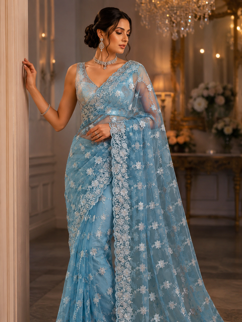 Aqua Blue color Net Saree Adorned With Intricate Embroidery, stonework  Detailing & Beautiful Border. The Blouse Worn By The Model Is For Reference Purposes Only. The Actual Blouse Piece Comes Attached With Saree(Slight Variations Are Possible)