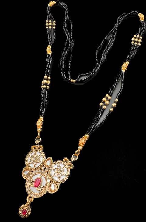 Polki Stone & Jerkan Gold Plated (Artificial) Mangalsutra With Artificial Black Beads Chain, Apx Size 15 inches length