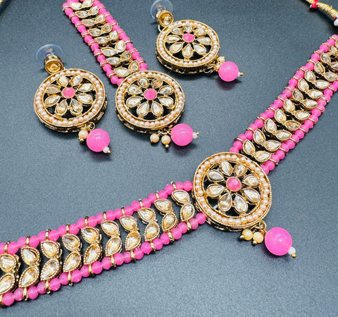Beautiful pearls with stone beaded choker necklace with small studs and tikka