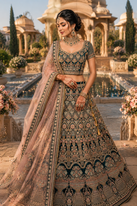 Velvet Based Beautiful Embroidery Work Heavy Squined Work With Golden Fine Stones Heavy Layered Ken Ken Designer Bridal Lehnga & Heavy Tessels Attached To Blouse & Lehnga With Heavy Work Lace Beaded Dupatta(slight variation in color & design is possible)