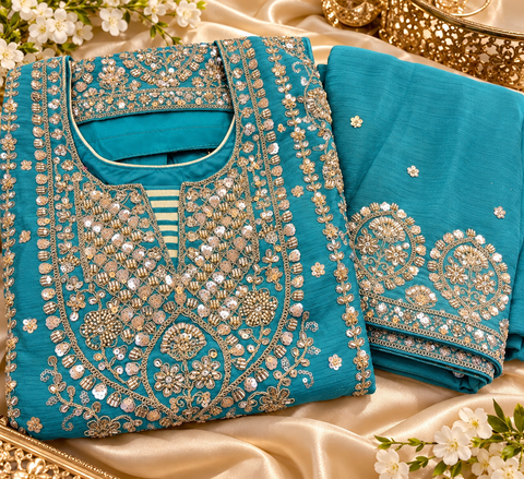 Deep Teal soft Georgette Silk outfit featuring exquisite handwork embroidery all over the kameez, matching loose circular palazzo with handwork detailing, and a beautiful golden-bordered dupatta.Slight variation in colour and design is possible