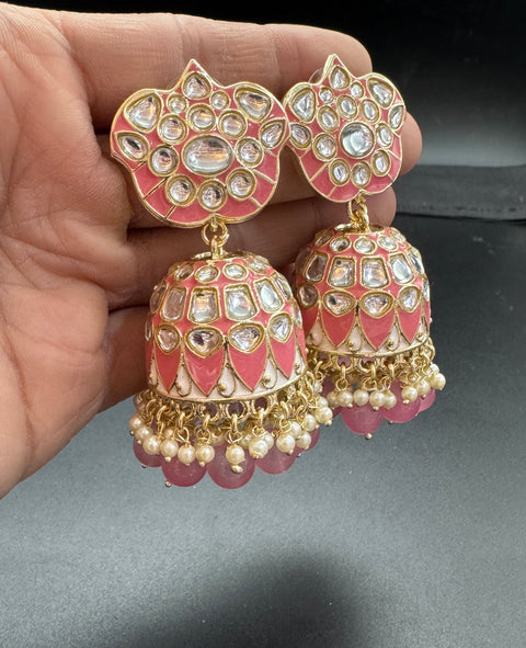 Bigger size Kundan Stone With Pearls Work Beautiful Meenakari Jhumka