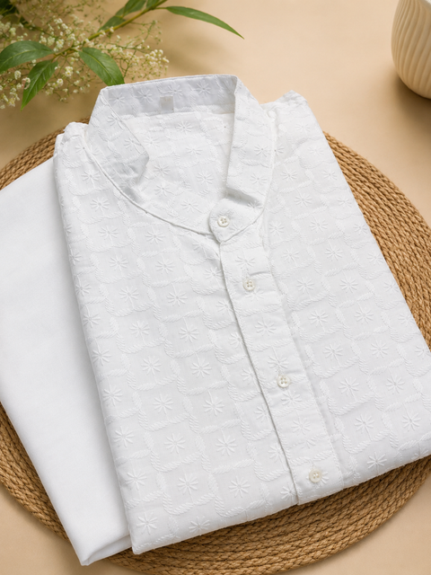 White colour cotton  based chikankari work kurta with white pajama(slight variation in color and design is possible)