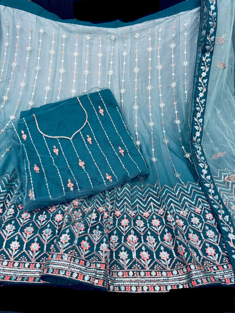 Ombré shades Netting based embroidery work multiflared beautiful lehnga with embroidery work design in blouse and embroidery dupatta (Unstitched Lehnga)