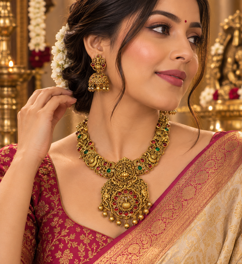 Elegant matte gold-finish Temple Jewellery Set Goddess Lakshmi  motif with beautifully detailed elephant designs and green Ruby stone accents. Comes with matching jhumka earrings(slight variation in color & design may occur)