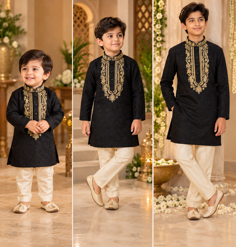 Soft jacquard silk-blend kurta with gold embroidery and Comes with a cream-golden pajama.
Slight variation in colour and design is possible.