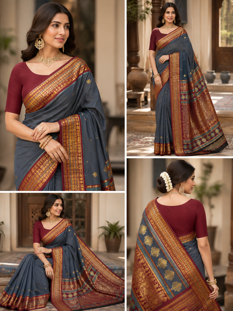Premium Art Silk Saree Featuring Elegant Zari Weaving, Saree Comes With An Attached Blouse Piece. Model Blouse Is For Reference Only. Slight Variation In Colour And Design May Occur