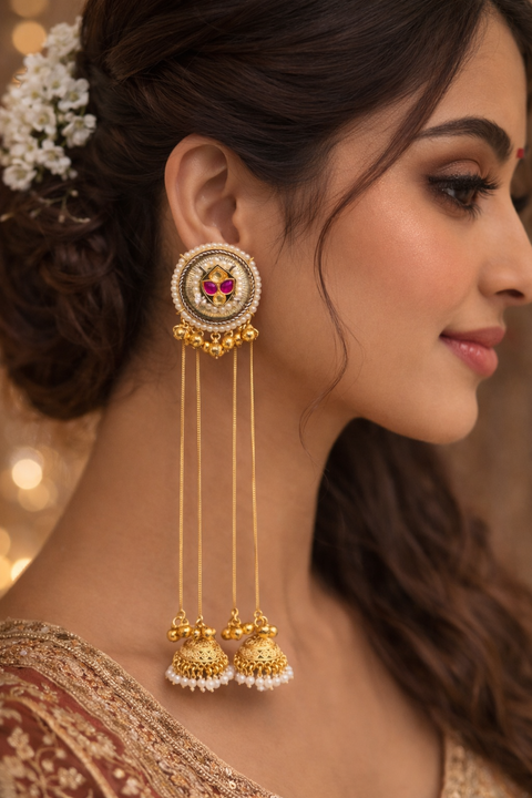 (Video clip attached )Lite Weight Trending Kashmiri Earrings/Product Details:• Style: Traditional / Ethnic• Finish: Gold Look Polish• Stones: Ruby-tone stones• Embellishments: Pearl detailing• Design: Long chain jhumka drop style