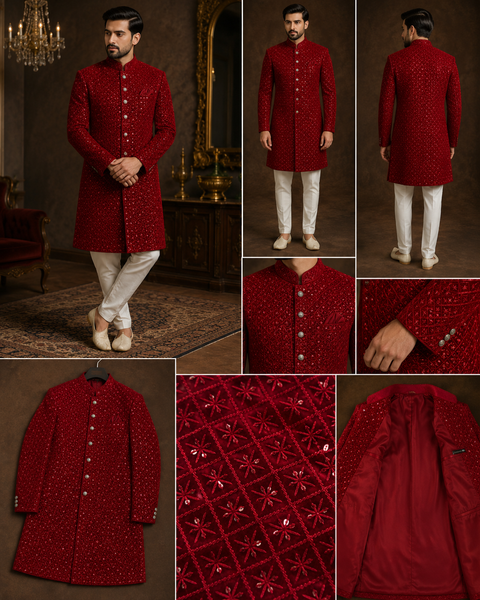 Luxurious Deep Red Maroon sequin embroidered sherwani with intricate geometric detailing, crafted for a bold and sophisticated wedding celebration look. Slight variation in color and design may occur.