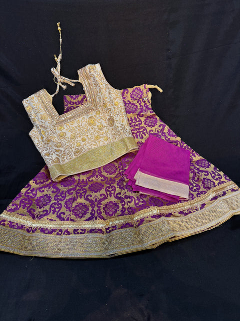 Brocade silk blouse with printed brocade silk lehnga & netting dupatta