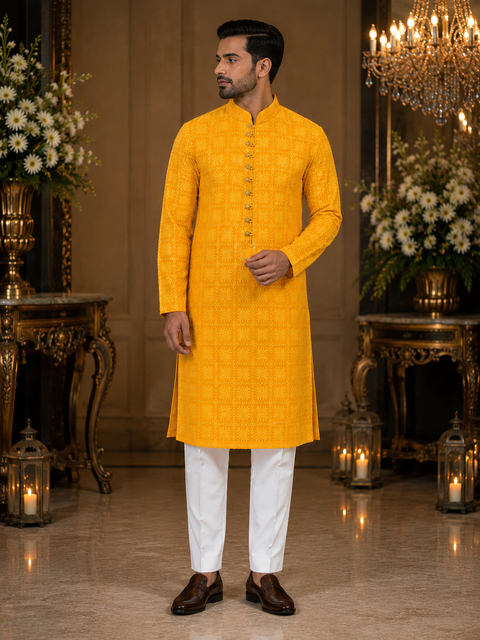 Georgette based Heavy embroidery with sequined work designer Kurta with white Pajama (slight variation in color and design is possible )