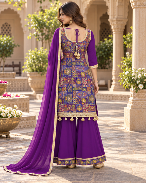 Silk-blend patchwork kameez with mirror & stone work, paired with a flowy circular palazzo and plain georgette dupatta with golden border. Slight variation in colour/design possible