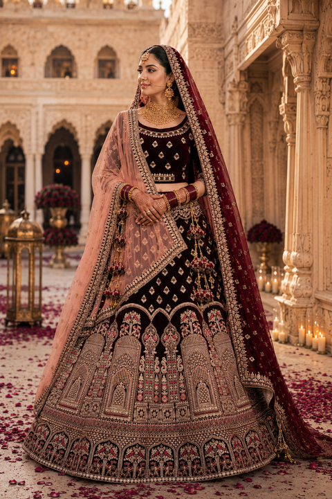 (Video clip attach)Dark maroon color velvet based lehnga with heavy handwork with stones & embroidery work fully heavy flared beautiful designer Readymade Bridal lehnga with very heavy embroidered 2 netting dupatta (heavy latkans attached ) unstitched