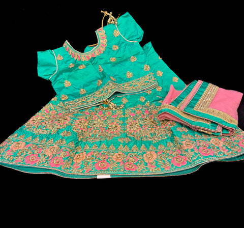 Green & Peach  Colour Silk Based Embroidered Lehnga With Contrast Netting Dupatta