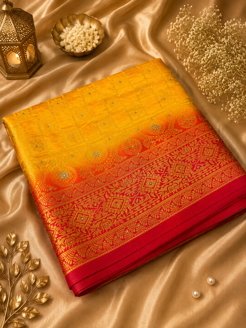 Elegant Art Silk Saree adorned with delicate zari-woven butis, a rich pallu and graceful tassel detailin,Comes with an unstitched running blouse piece attached to the saree (slight variation in color and design is possible