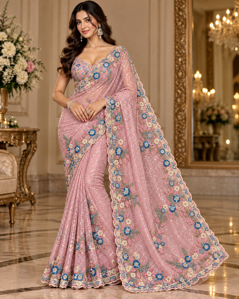 Elegant net saree intricate floral embroidery, shimmering sequins, beads and a beautifully detailed border.Comes with an attached embroidered blouse piece.Blouse worn by the model is for reference only. Slight variation in colour & design may occur