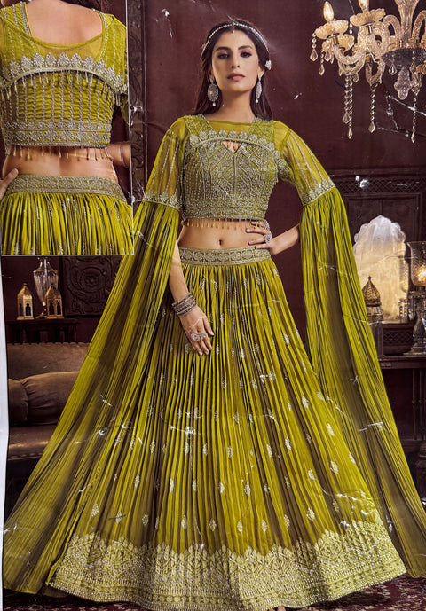 Georgette based beautiful embroidery work & heavy stone  work blouse and lehnga with Georgette ponchu attached/detached shoulder dupatta