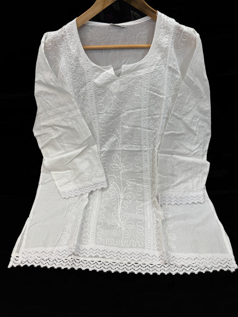 Embroidered Lucknow Chikankari White pure Cotton Short Kurti Top Tunic for Women