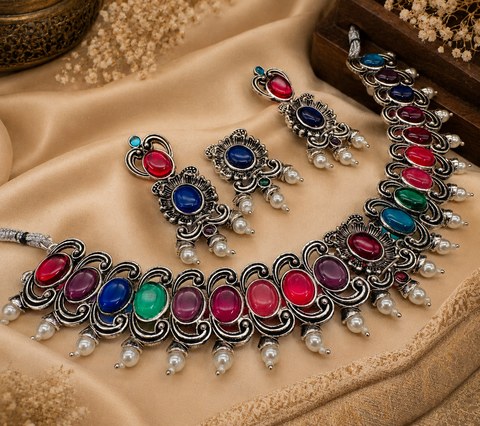 Multicoloured Beautiful work oxidised Necklace with earrings (slight variation in design is possible)
