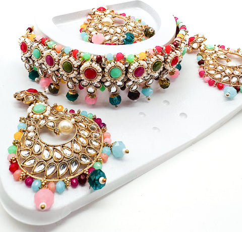 Pearls beaded with Kundan stone beautiful choker necklace with Earrings & Tikka