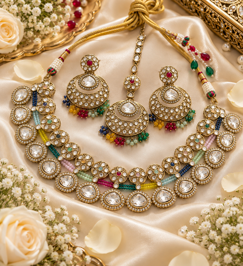 Original Crystal polki stones with pearls and colorful stones necklace & earrings with Tikka. Slight variations in colour and design are possible