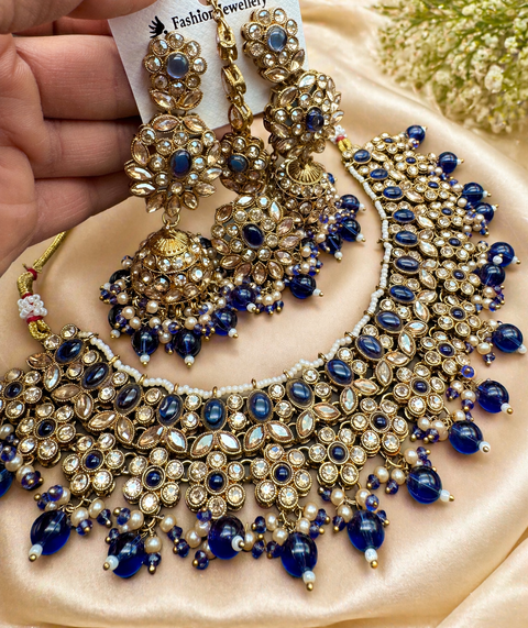 Polki stone with pearls beaded work beautiful necklace with jhumka and tikka set