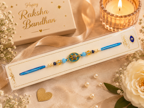 Evil eye Elegant handcrafted Rakhi with premium beads and sparkling stonework, beautifully crafted to celebrate the special bond of love and protection.