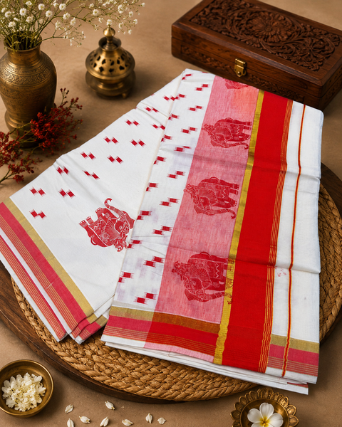 KERALA KASAVU COTTON SAREE WITH BEAUTIFUL ELEPHANT PRINT (slight variation in color & design is possible)