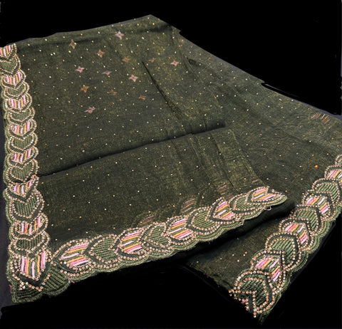 Pure and very soft Jimmy Choo based stones and embroidery work border saree with embroidery work