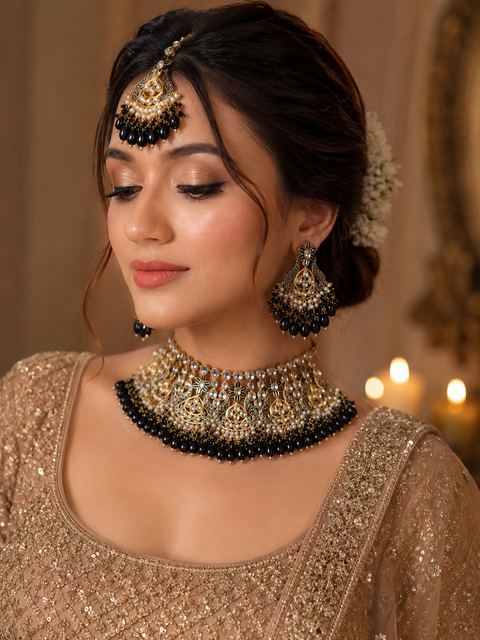 Black colour Beautiful meenakari work with Kundan Stones necklace set(slight variation in color and design is possible)