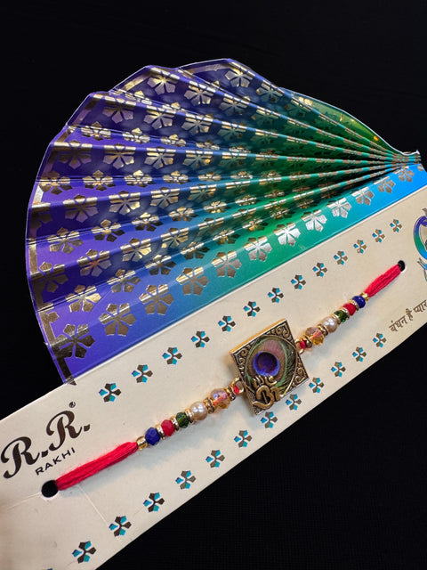 Peacock feather design Beautiful Stone Work Rakhi in nice pack gift card