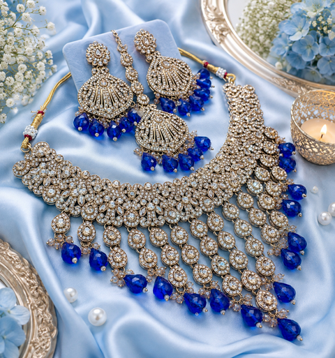 Original Polki stone with pearls beaded work beautiful necklace with jhumka and tikka set