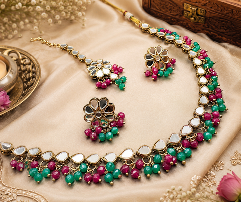 Beautiful pearls with mirrors beaded necklace with jhumka and tikka