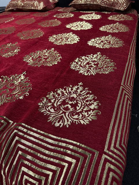 Roses Print Velvet golden zari Work Bed Sheet (275cm x 265cm)king size King Size Bedsheet With Double Pillow Cover