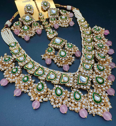 Kundan stone with pearls beaded work beautiful bridal/semi bridal necklace with earrings and tikka set