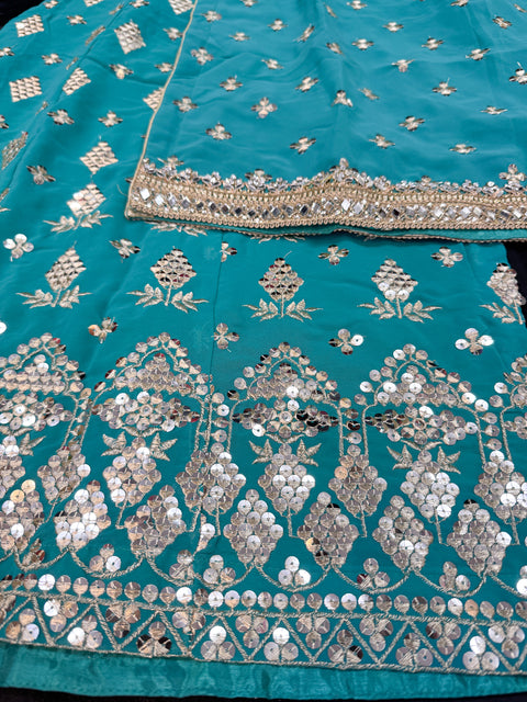 Georgette based sequined and embroidery work kameez with sharara pants and Georgette dupatta