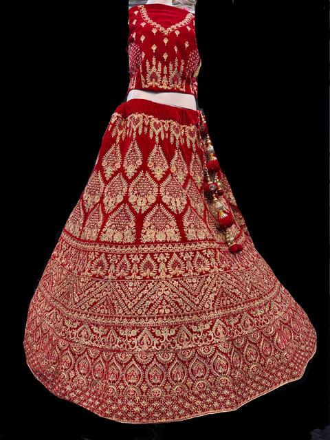 (Video clip attach)Dark Red colour velvet based lehnga with heavy handwork with stones & embroidery work fully heavy flared beautiful designer Readymade Bridal lehnga with very heavy embroidered netting dupatta (heavy latkans attached ) unstitched lehnga
