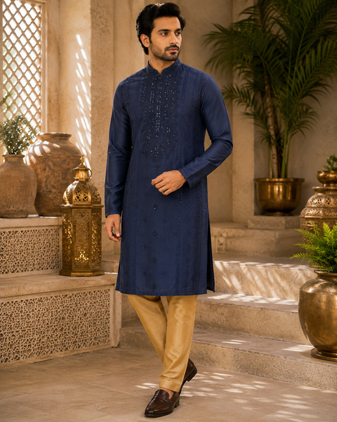Soft malmal based beautiful embroidery work with sequins work designer Kurta with golden Pajama (slight variation in color and design is possible)