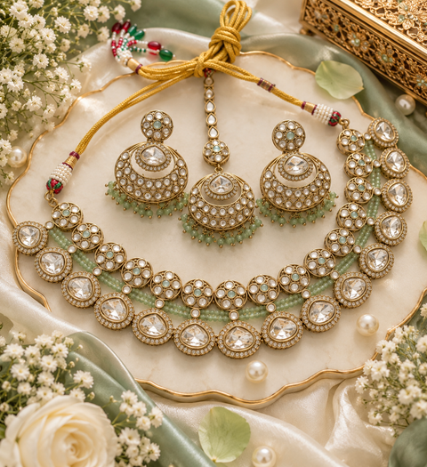 Original Crystal polki stones with pearls and colorful stones necklace & earrings with Tikka. Slight variations in colour and design are possible