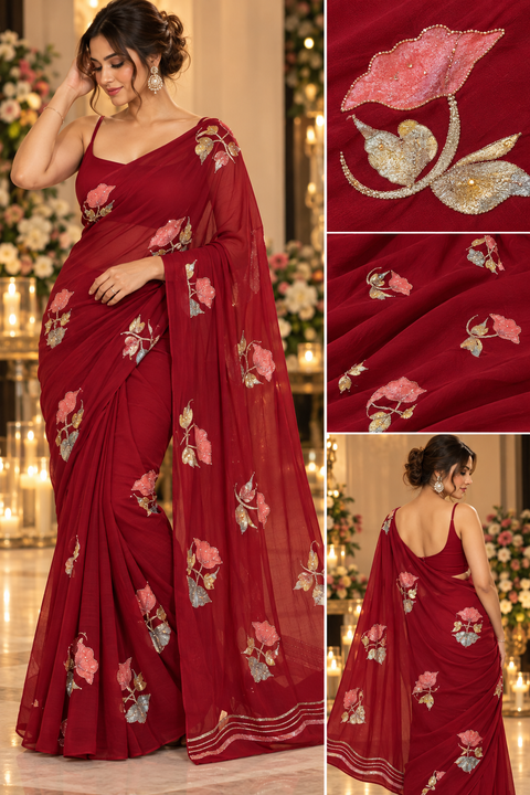 Soft Chiffon Saree with all-over shimmery floral print and delicate handwork detailing. Lightweight, soft and beautifully draping. Blouse piece attached; model blouse is for reference only. Slight variation in colour and design is possible.